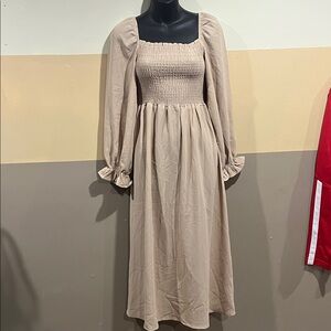 Beige Long Sleeve Smocked Midi Dress